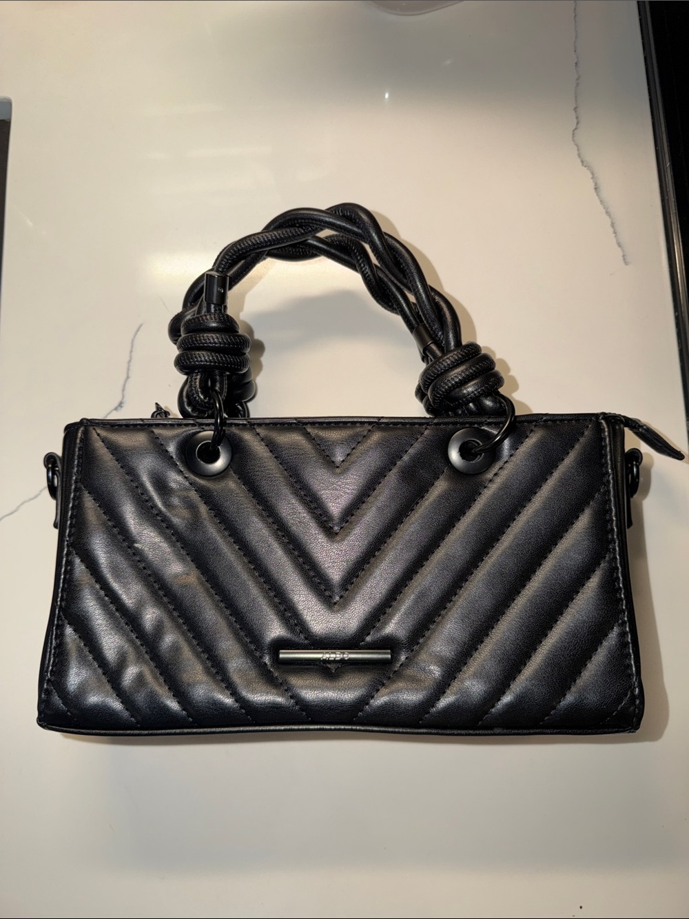 Aldo Black Quilted Satchel with Braided Top Handles